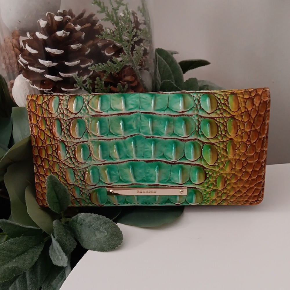 Brahmin Turquoise and Tan Crocodile Embossed Wallet